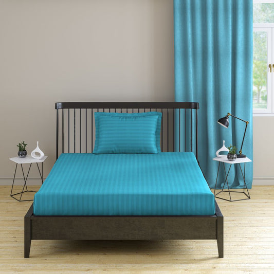 TTTTTT - Pro Linen Basic 2 Pc Single Bedding Set | 210TC Pure Cotton 1cm Satin Stripe | Aqua