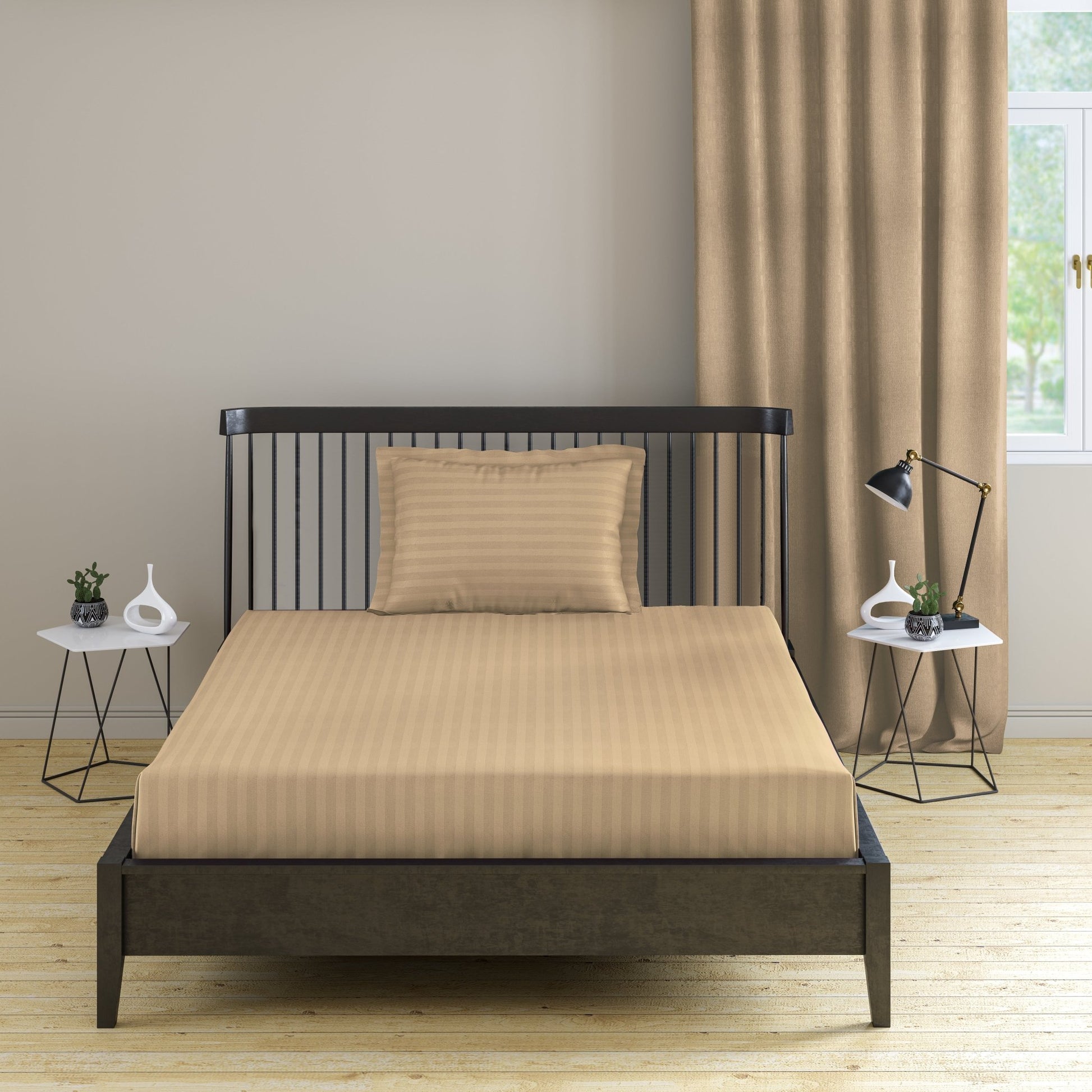 TTTTTT - Pro Linen Basic 2 Pc Single Bedding Set | 210TC Pure Cotton 1cm Satin Stripe | Champagne